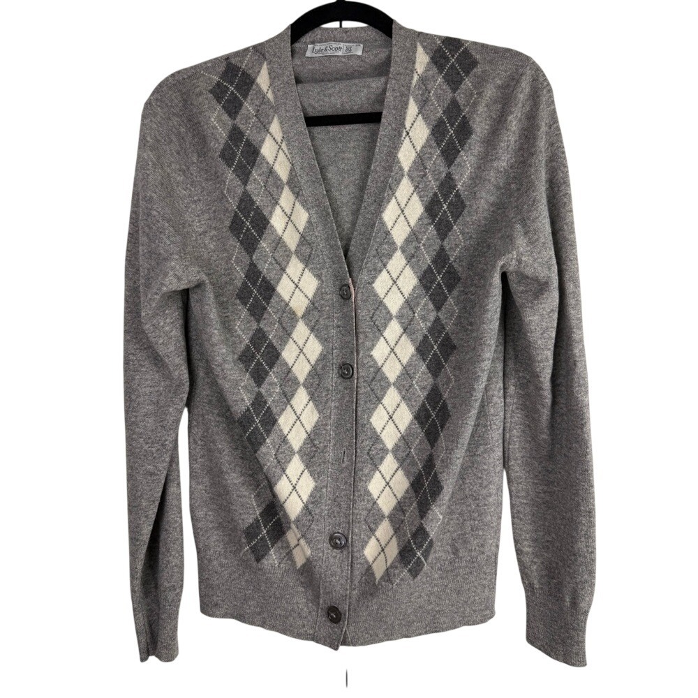Lyle & Scott Grey Argyle 100% Pure Cashmere V-Neck Cardigan Sweater Scotland 38
